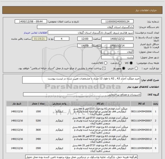 استعلام خرید میلگرد آجدار A2 , A3 با طول 12 متری با مشخصات تعیین شده در لیست پیوست 