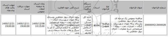 مناقصه عمومی یک مرحله ای پروژه اجرای دیوار حفاظتی روستای برکه چوپان شهرستان کنگان – اعتبارات نفت – پروژه غیرعمرانی شرح عملیات : اجرای دیوار حفاظتی به 