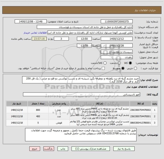 استعلام خرید چشم گربه ای زرد یکطرفه و دوطرفه نگین شیشه ای و چسب اپوکسی دو قلو دو جزئی ( یک قل 250 گرم  و قل دیگر 2250 گرم ) 