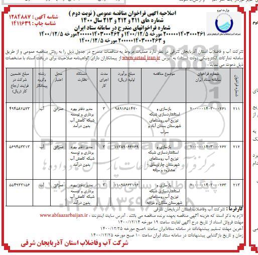 اصلاحیه فراخوان، اصلاحیه فراخوان بازسازی و استانداردسازی شبکه توزیع آب... - نوبت دوم 