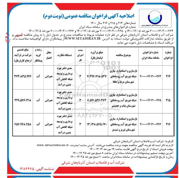 اصلاحیه مناقصه، اصلاحیه فراخوان مناقصه بازسازی و استانداردسازی شبکه توزیع آب...- نوبت دوم 