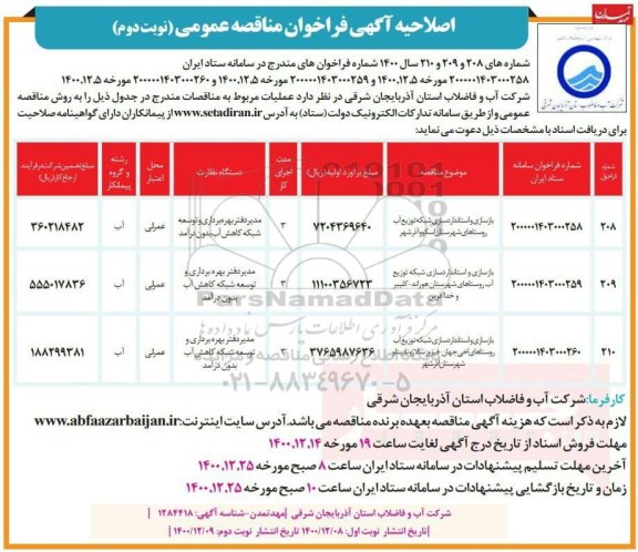 اصلاحیه مناقصه، اصلاحیه فراخوان مناقصه بازسازی و استانداردسازی شبکه توزیع آب...