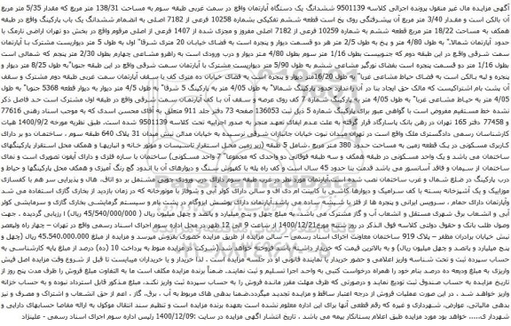 آگهی مزایده ششدانگ یک دستگاه آپارتمان واقع در سمت غربی طبقه سوم به مساحت 138/31 متر مربع 