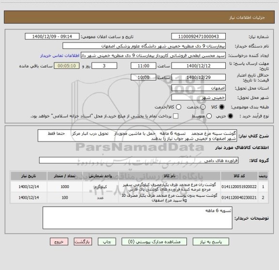 استعلام گوشت سینه مرغ منجمد    تسویه 6 ماهه   حمل با ماشین مجوزدار    تحویل درب انبار مرکز     حتما فقط شهر اصفهان و خمینی شهر جواب نیاز را بدهند 