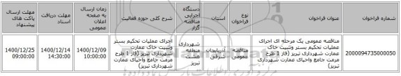 مناقصه عمومی یک مرحله ای اجرای عملیات تحکیم بستر وتثبیت خاک عمارت شهرداری تبریز (فاز  1 طرح مرمت جامع واحیای عمارت شهرداری تبریز)