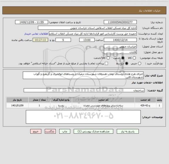 استعلام اجرای طرح هادی روستای نوغاب هندوالان شهرستان درمیان و روستاهای ابوالخیری و گریمنج و گوراب شهرستان قاین