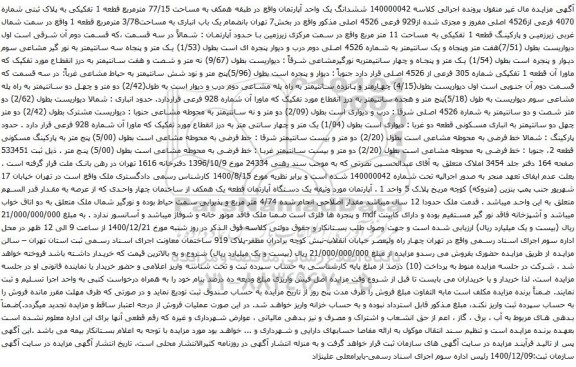 آگهی مزایده مششدانگ یک واحد آپارتمان واقع در طبقه همکف به مساحت 77/15 مترمربع