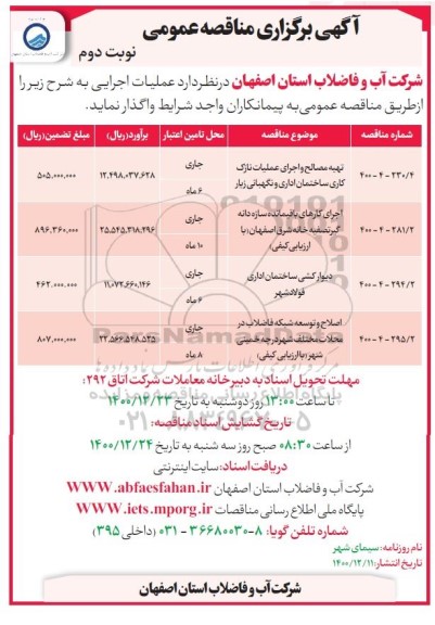 مناقصه تهیه مصالح و اجرای عملیات نازک کاری ساختمان اداری و نگهبانی... نوبت دوم 