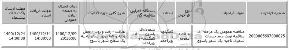 مناقصه عمومی یک مرحله ای مناقصه نوبت دوم خدمات شهری ناحیه یک شهر یاسوج