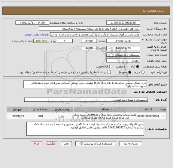 استعلام خرید مصالح سنگی شکسته با دانه بندی 25-0 میلیمتر جهت روکش آسفالت محورهای حوزه استحفاظی شهرستان سراوان