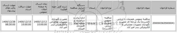 مناقصه عمومی همزمان با ارزیابی (فشرده) یک مرحله ای تعمیر و نگهداری تجهیزات مخابراتی و الکترونیکی بندر امیر آباد 