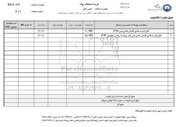 استعلام تامین کابل