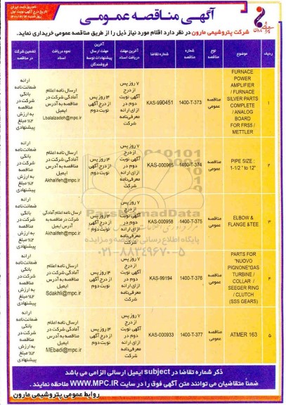 مناقصه، مناقصه FURNACE POWER AMPLIFIER /FURNACE SILVER PARTS ...