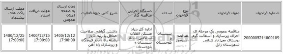 مناقصه عمومی یک مرحله ای اجرای زیرسازی و آسفالت گرم روستای محمدآباد هراتی شهرستان زابل