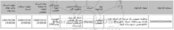 مناقصه عمومی یک مرحله ای اجرای طرح هادی روستاهای خریله، کانی چای ،قاملو،مجین  شهرستان قروه