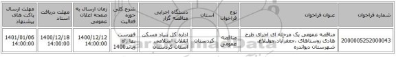 مناقصه عمومی یک مرحله ای اجرای طرح هادی روستاهای ،جعفرآباد،چولبلاغ، شهرستان دیواندره