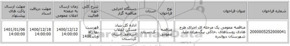 مناقصه عمومی یک مرحله ای اجرای طرح هادی روستاهای ،خاکی بیگ،مران علیا، شهرستان دیواندره