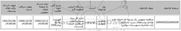 مناقصه عمومی یک مرحله ای اجرای طرح هادی روستاهای رشید آباد احمد آباد،،آغاجری،شهرستان دیواندره