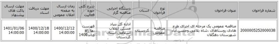 مناقصه عمومی یک مرحله ای اجرای طرح هادی روستاهای ،شاه بلاغی   وحسن آباد  شهرستان دهگلان