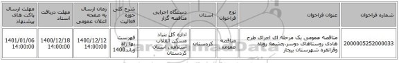 مناقصه عمومی یک مرحله ای اجرای طرح هادی روستاهای دوسر،چشمه روباه وقزانقره   شهرستان بیجار