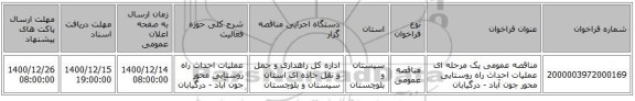 مناقصه عمومی یک مرحله ای عملیات احداث راه روستایی محور جون آباد - درگیابان