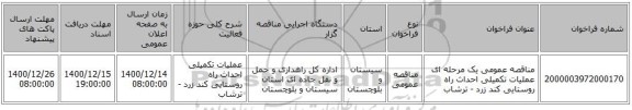 مناقصه عمومی یک مرحله ای عملیات تکمیلی احداث راه روستایی کند زرد - ترشاب