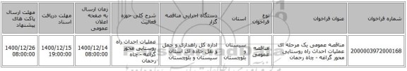 مناقصه عمومی یک مرحله ای عملیات احداث راه روستایی محور گراغه - چاه رحمان