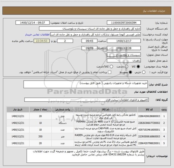 استعلام خرید تجهیزات شبکه و تجهیزات رادیویی ( طبق فایل پیوست) 