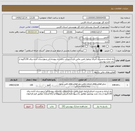 استعلام راه اندازی و مدیریت اجرای برنامه تامین مالی خرد(بارویکرد بانکداری پیوندی)در شهرستان آباده برای 130گروه از زنان تحت پوشش 