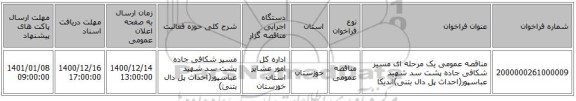 مناقصه عمومی یک مرحله ای مسیر شکافی جاده پشت سد شهید عباسپور(احداث پل دال بتنی)اندیکا