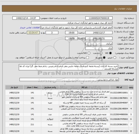 استعلام خرید بسته کارکنان (پسته،تخمه کدو،فندق،تخمه جاپنی،مفز بادام،بادام زمینی، بادام منقا مغز، گز) ایران کد ها مشابه هستند