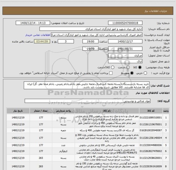 استعلام خرید بسته بازنشستگان(پسته،تخمه کدو،فندق،تخمه جاپنی،مفز بادام،بادام زمینی، بادام منقا مغز، گز) ایران کد ها مشابه هستند. کالا مطابق شرح پیوست باید باشد.