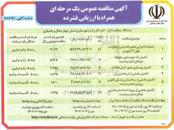 مناقصه عملیات اجرایی محور....