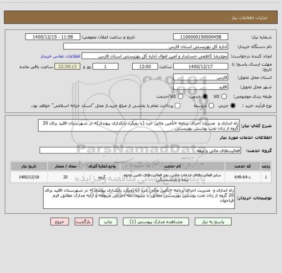 استعلام راه اندازی و  مدیریت اجرای برنامه «تأمین مالی خرد (با رویکرد بانکداری پیوندی)» در شهرستان اقلید برای 20 گروه از زنان تحت پوشش بهزیستی