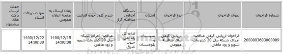 فراخوان ارزیابی کیفی مناقصه اجرای شبکه برق 20 کیلو ولت شورو و رود ماهی 