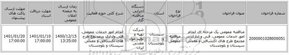 مناقصه عمومی یک مرحله ای انجام امور خدمات عمومی، فنی و اداری در مجتمع طرح های اکتشافی و معدنی سیستان و بلوچستان