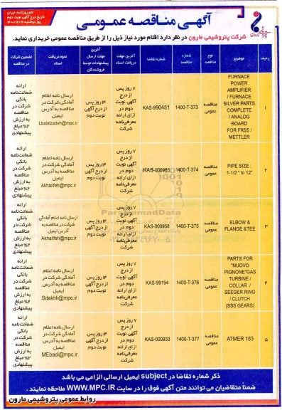 مناقصه، مناقصه FURNACE POWER AMPLIFIER /FURNACE SILVER PARTS ...- نوبت دوم 