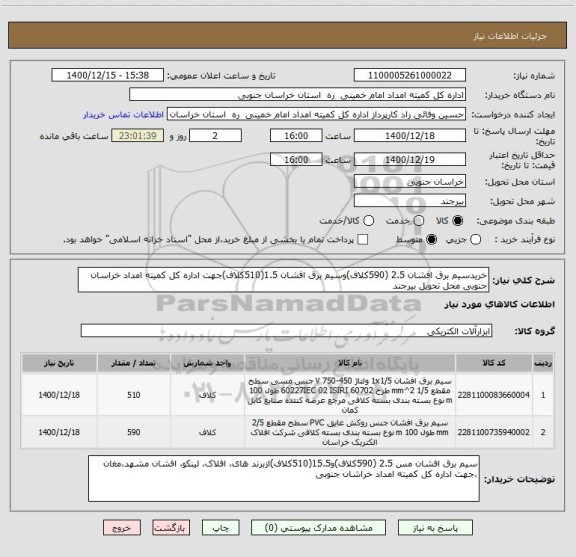 استعلام خریدسیم برق افشان 2.5 (590کلاف)وسیم برق افشان 1.5(510کلاف)جهت اداره کل کمیته امداد خراسان جنوبی محل تحویل بیرجند