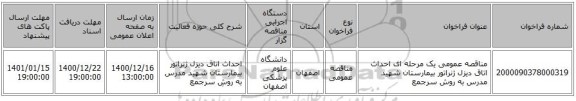 مناقصه عمومی یک مرحله ای احداث اتاق دیزل ژنراتور بیمارستان شهید مدرس به روش سرجمع