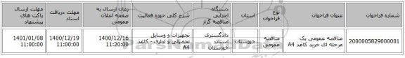 مناقصه عمومی یک مرحله ای خرید کاغذ A4