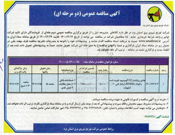 مناقصه عمومی، مناقصه عمومی هادی روکشدار CC آلومینیوم تقویت شده با فولاد HYENA 