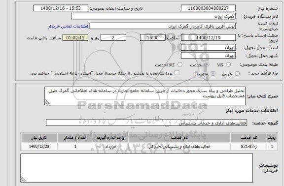 استعلام تحلیل طراحی و پیاه سازی مجوز دخانیات از طریق سامانه جامع تجارت در سامانه های اطلاعاتی گمرک طبق مشخصات فایل پیوست 