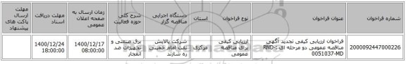 فراخوان ارزیابی کیفی تجدید آگهی مناقصه عمومی دو مرحله ای :RND-0051037-MD