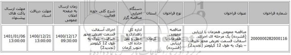 مناقصه عمومی همزمان با ارزیابی (فشرده) یک مرحله ای اجرای آسفالت قسمت تعریض محور جیرفت – بلوک به طول 12 کیلومتر (تجدید2)