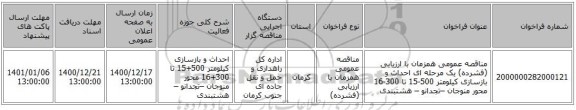 مناقصه عمومی همزمان با ارزیابی (فشرده) یک مرحله ای احداث و بازسازی کیلومتر 500-15 تا 300-16 محور منوجان –تجدانو – هشتبندی