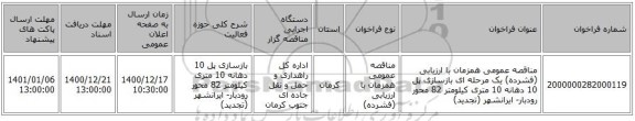 مناقصه عمومی همزمان با ارزیابی (فشرده) یک مرحله ای بازسازی پل 10 دهانه 10 متری کیلومتر 82 محور رودبار- ایرانشهر  (تجدید) 