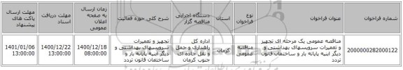 مناقصه عمومی یک مرحله ای تجهیز و تعمیرات سرویسهای بهداشتی و دیگر ابنیه پایانه بار و ساختمان قانون تردد