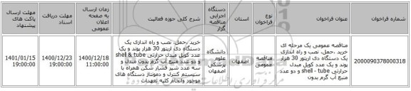 مناقصه عمومی یک مرحله ای خرید ،حمل، نصب و راه اندازی یک دستگاه دی اریتور 30 هزار پوند و یک عدد کویل مبدل حرارتی shell - tube و دو عدد منبع آب گرم بدون