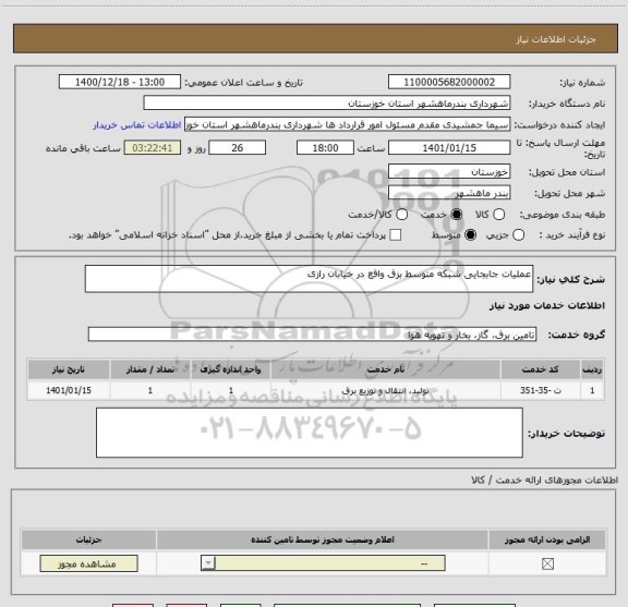 استعلام عملیات جابجایی شبکه متوسط بزق واقع در خیابان رازی