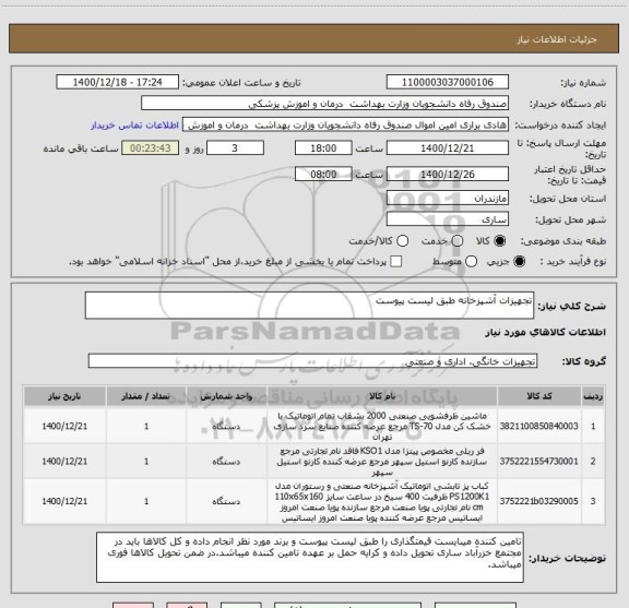 استعلام تجهیزات آشپزخانه طبق لیست پیوست